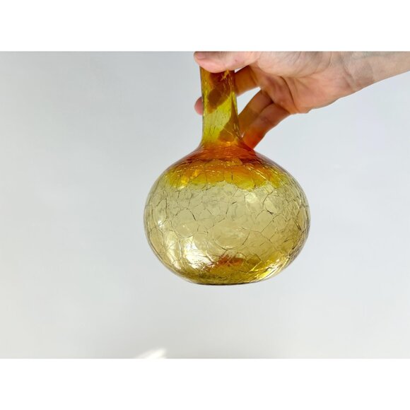 SOLD - Blenko Amberina Crackle Ombre Glass MCM Handkerchief Bulbuous Vase - Picture 4 of 8